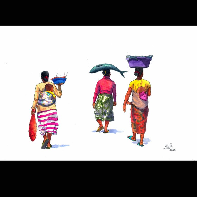 Aquarelle représentant des femmes revenant de la pêche à Madagascar, portant poissons et enfants – œuvre de Amir.J