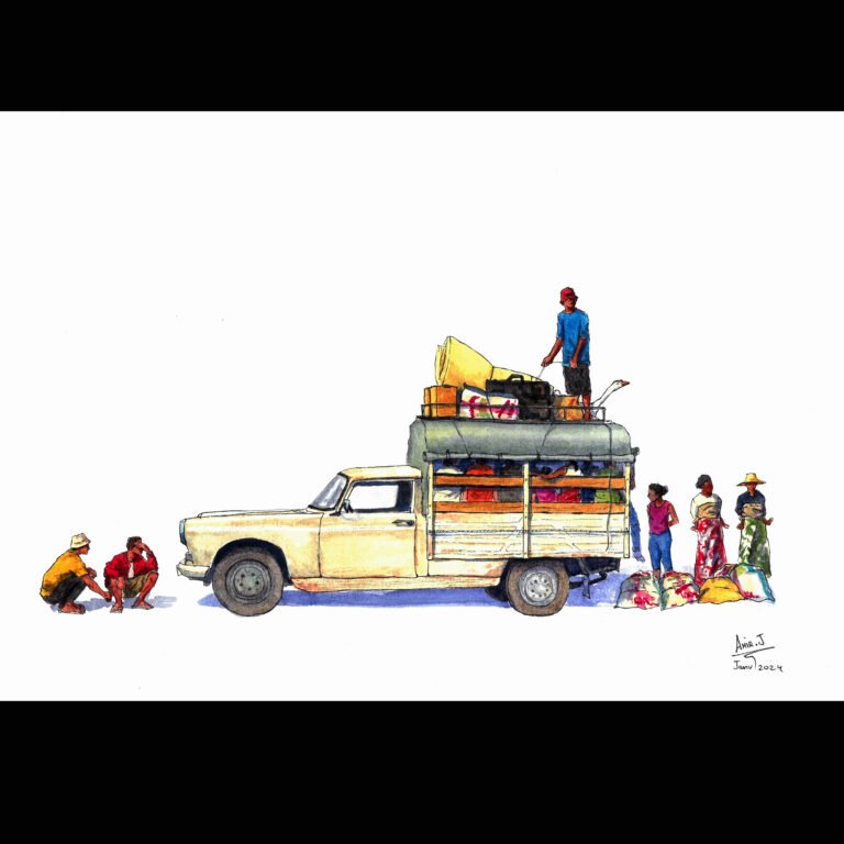Aquarelle représentant un taxi-brousse 4x4 en préparation de départ sur les routes de Madagascar – œuvre de Amir.J